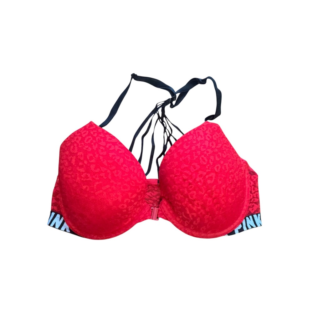PINK Victoria's Secret Push-Up Bra Women 34D Red Excellent Leopard Cage Back